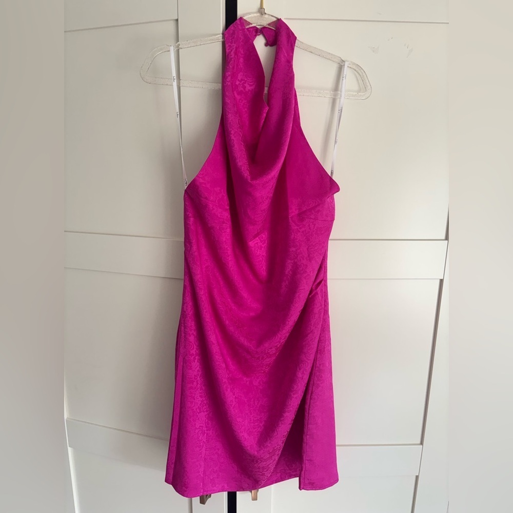 Lulu's Vibrant Pink Silky Backless Halter Dress Size large - Picture 3 of 5